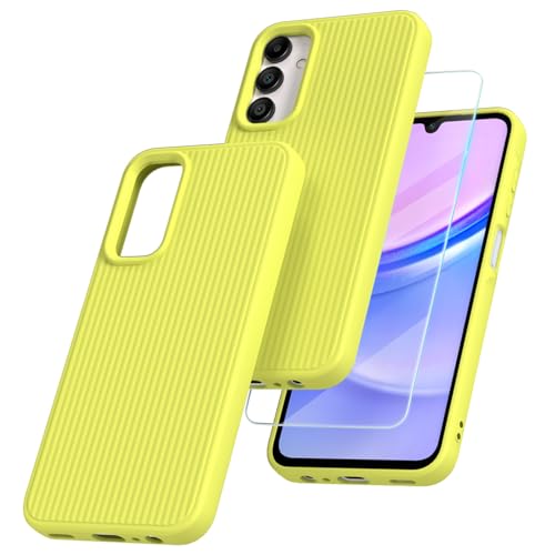 binandteam Hülle für Samsung Galaxy A15 4G / 5G mit 1 Stück Hartglas, Flüssige Silikon Stoßfest Dünn Weiche TPU Bumper Cover mit Mikrofaserfutter Handyhülle für Samsung Galaxy A15 4G / 5G - Gelb von binandteam