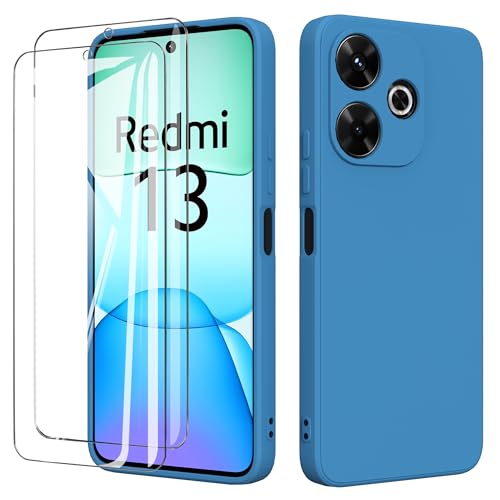 binandteam Hülle für Xiaomi Redmi 13 4G mit 2 Stück Schutzfolie Handyhülle,Dünne Weiche TPU Stoßfeste Flüssigsilikonhülle Silikonhülle, Anti-Scratch mit Microfiber Schutzhülle - Blau von binandteam