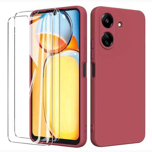 binandteam Hülle für Xiaomi Redmi 13C 4G mit 2 Stück Schutzfolie Handyhülle,Dünne Weiche TPU Stoßfeste Flüssigsilikonhülle Silikonhülle, Anti-Scratch mit Microfiber Schutzhülle - Rot von binandteam
