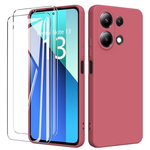 binandteam Hülle für Xiaomi Redmi Note 13 4G mit 2 Stück Schutzfolie Handyhülle,Dünne Weiche TPU Stoßfeste Flüssigsilikonhülle Silikonhülle, Anti-Scratch mit Microfiber Schutzhülle - Rot von binandteam