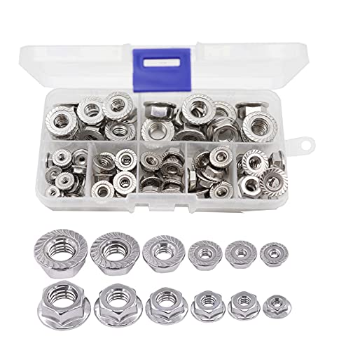 binifiMux 70 Stück Sechskant-Flanschmuttern Sortiment Set (7 Größen), 304 Edelstahl #6#8#10, 3/16 Zoll, 1/4 Zoll, 5/16 Zoll, 3/8 Zoll von binifiMux