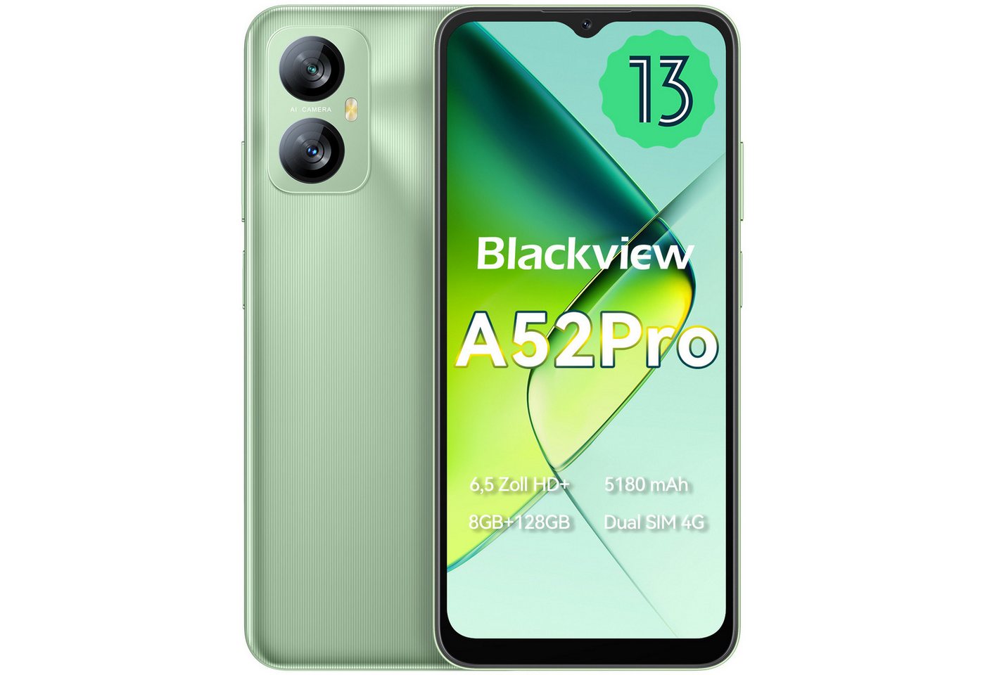 blackview A52Pro(4+128) Smartphone (6.5 Zoll, 128 GB Speicherplatz, 13 MP Kamera, Fingerabdruck, Dual SIM 4G, Android 13) von blackview