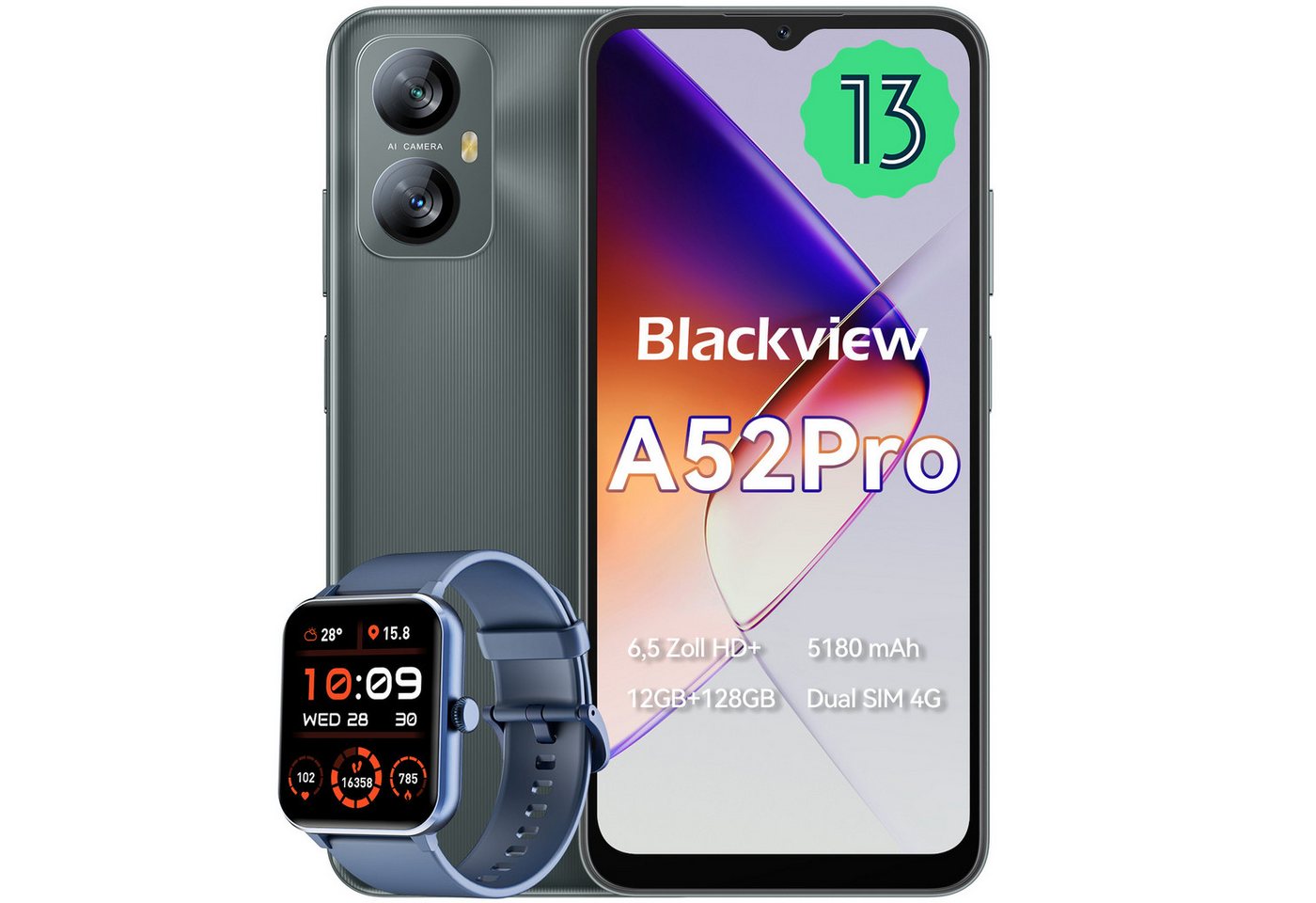 blackview A52Pro(6+128) incl. R50 Smartphone (6.5 Zoll, 128 GB Speicherplatz, 13 MP Kamera, Fingerabdruck, Dual SIM 4G, Android 13) von blackview