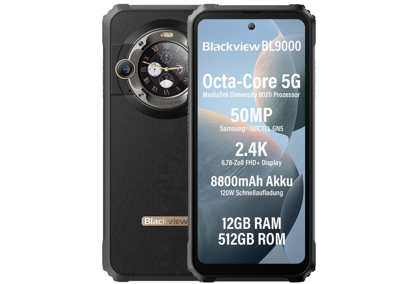 blackview BL9000 5G AI mit zwei Bildschirmen Smartphone (6,78 Zoll, 50 MP Kamera, 2.4k, MediaTek Dimensity 8020, 120W, Doppeldisplay, Ohne Vertrag) von blackview