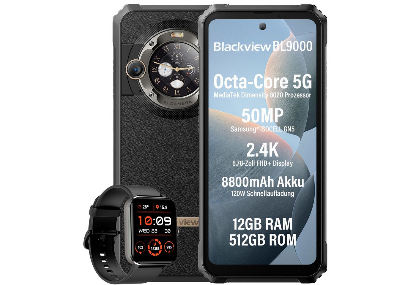blackview BL9000 5G zwei Bildschirmen incl. R50 Smartphone (6.78 Zoll, 50 MP Kamera, 2.4k, 5G MediaTek Dimensity 8020, 120W, Doppeldisplay, Ohne Vertrag) von blackview
