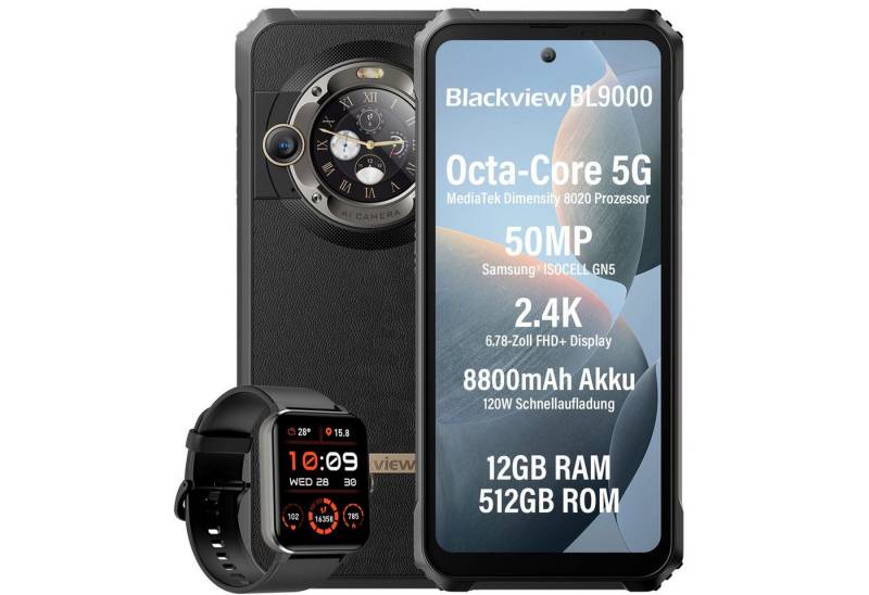 blackview BL9000 5G zwei Bildschirmen incl. R50 Smartphone (6.78 Zoll, 50 MP Kamera, 2.4k, 5G MediaTek Dimensity 8020, 120W, Doppeldisplay, Ohne Vertrag) von blackview