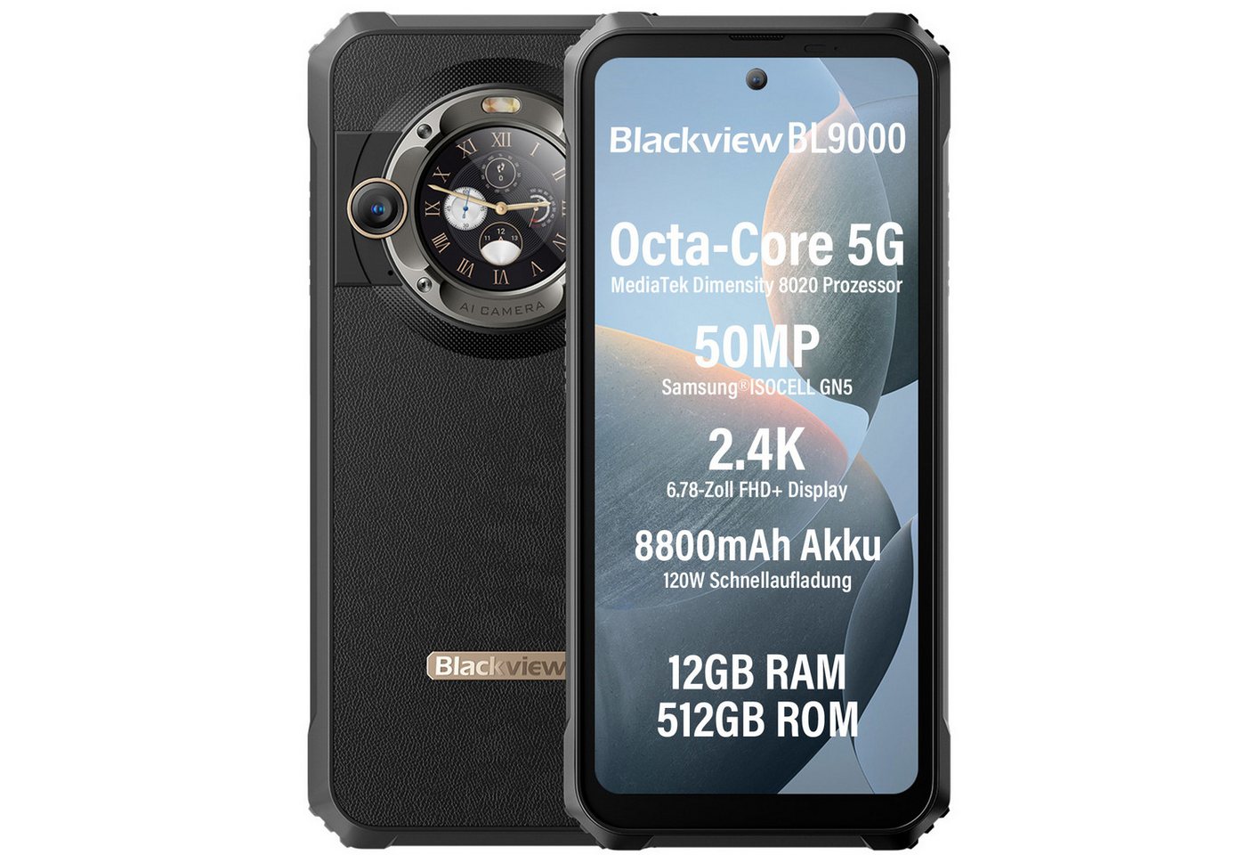 blackview BL9000 Smartphone (6.78 Zoll, 512 GB Speicherplatz, 50 MP Kamera, 5G MediaTek Dimensity 8020, NFC/Face ID/GPS/IP69K) von blackview