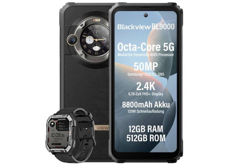 blackview BL9000 incl. W60 Smartphone (6.78 Zoll, 50 MP Kamera, 5G MediaTek Dimensity 8020, NFC/Face ID/GPS/IP69K) von blackview