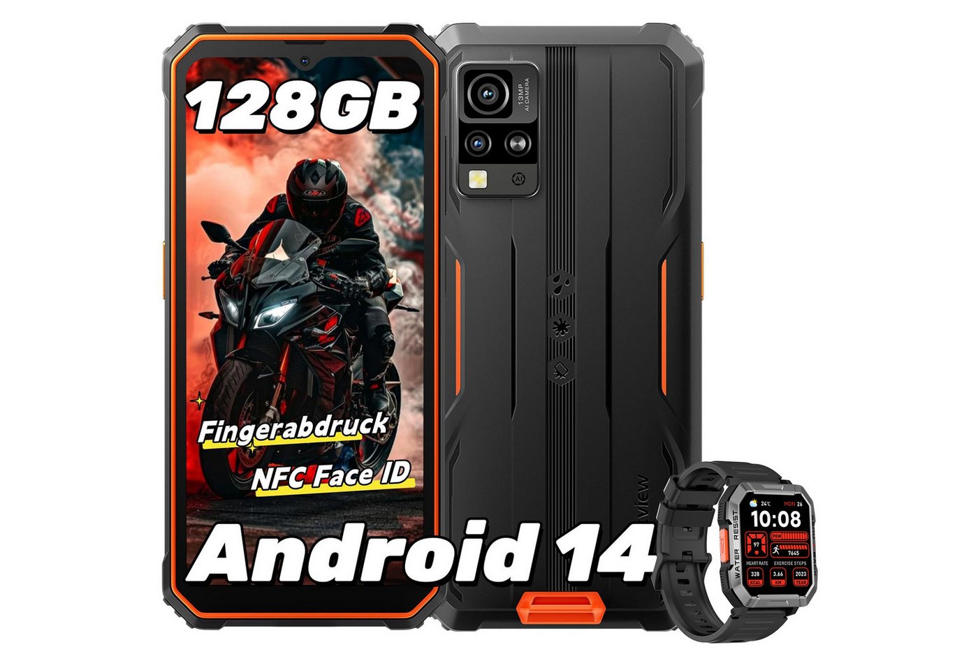 blackview BV4800Pro AI incl. W60 Smartphone (6.56 Zoll, 16 MP Kamera, Android 14,Fingerabdruck/NFC/GPS/IP69K/16MP+8MP/FM/OTG, Ohne Vertrag) von blackview