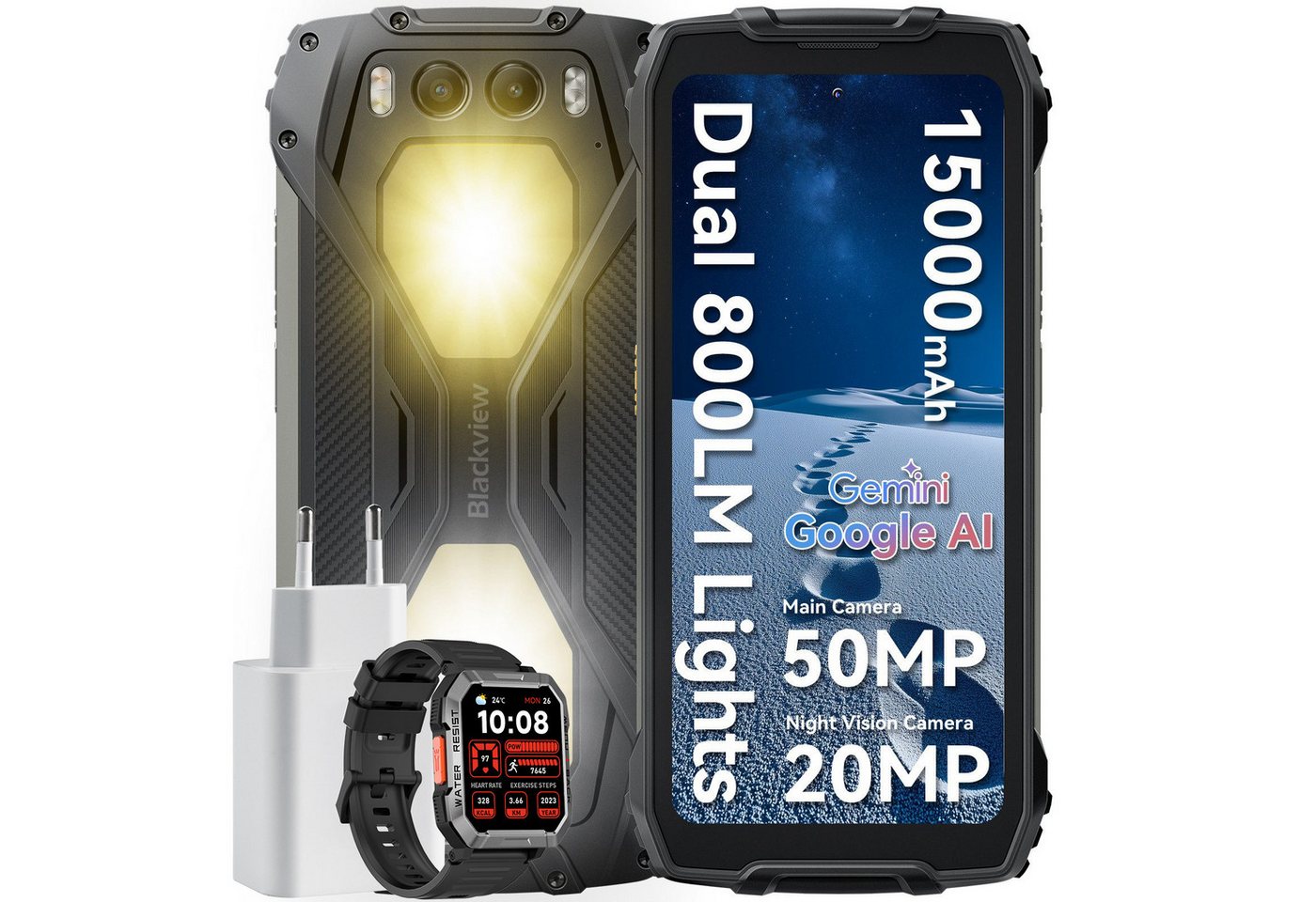 blackview BV7300 256GB AI Ohne Vertrag incl. 45W USB-Ladegerät Smartphone (50 MP Kamera, 800LM Campinglicht, 15000mAh, 45W, 50MP, 32MP, 20MP, 6,67", NFC) von blackview
