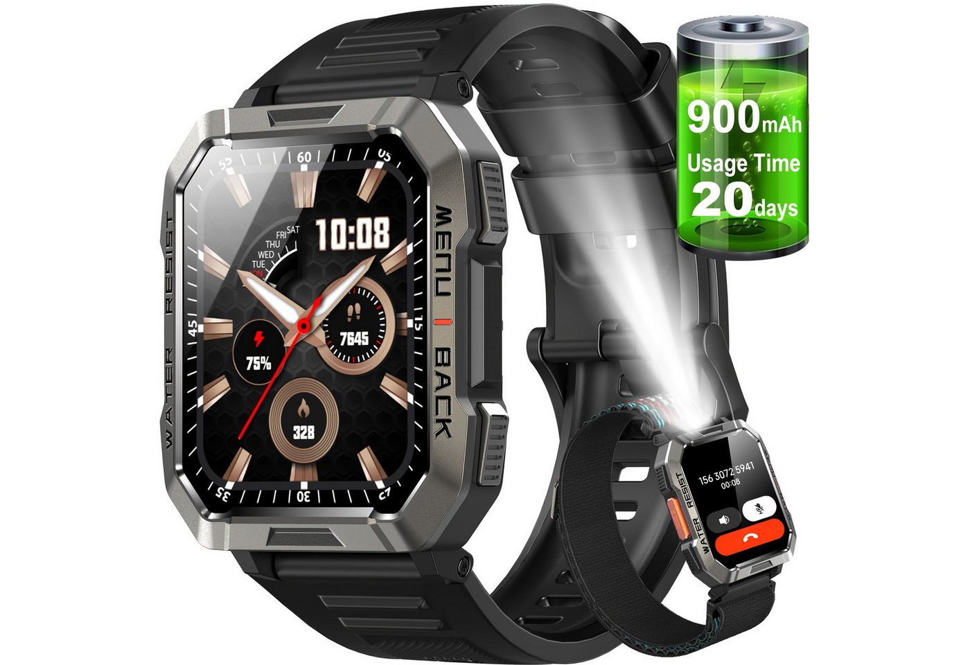 blackview Fur Herren Smartwatch (2.01 Zoll, Andriod iOS), mit Taschenlampe Kompass,SOS Unterstützt 100 Sportmodi Outdoor Sport von blackview