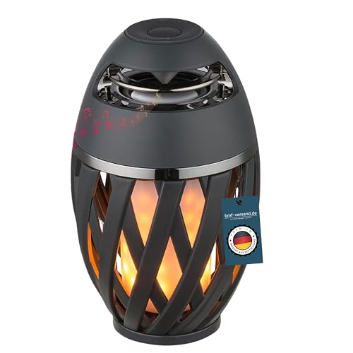 bmf-versand Außenleuchte IP65 Bluetooth Lautsprecher 75db mit Pflegetuch – Tischleuchte in Fackeloptik für draußen – Tischlampe Außenlampe Außenbeleuchtung LED Fackel von bmf-versand
