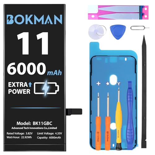 bokman Akku für iPhone 11, hohe Kapazität Li-Ionen-Polymer-Akku de 6000mAh mit Allen Werkzeug-Kits von bokman