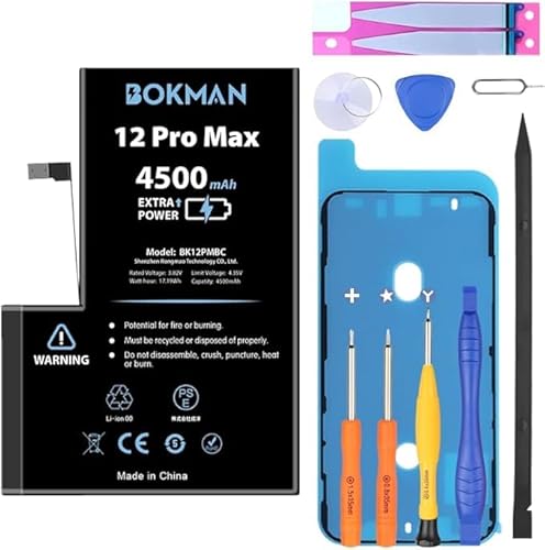 Bokman für 12 Pro Max Batteriewechsel, Hochleistungs-Li-Ionen-Polymer-Akku 4500 mAh mit Allen Werkzeugsätzen und Klebestreifen von bokman