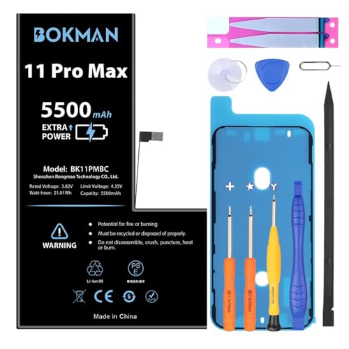 Bokman für iPhone 11 Pro Max Batteriewechsel, Hochleistungs-Li-Ionen-Polymer-Akku 5500 mAh mit Werkzeugsätzen von bokman