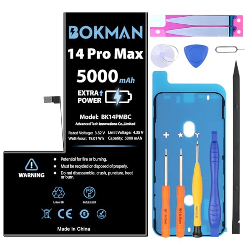 bokman Akku für 14 Pro Max, hohe Kapazität, 5000 mAh, Li-Ion, Polymer, Ersatz mit allen Werkzeugsets und Klebestreifen von bokman