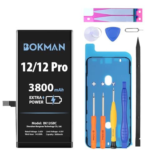 bokman Akku für iPhone 12/12 Pro, Hohe Kapazität erhöht mit 3800 mAh Polymer-Lithium-Batterie Ersatz mit Reparatursatz von bokman