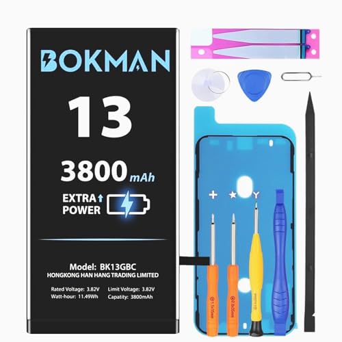 bokman Akku für iPhone 13, Hohe Kapazität 3800 mAh Li-Ion Polymer-Akku mit Werkzeugtasche und Klebestreifen von bokman
