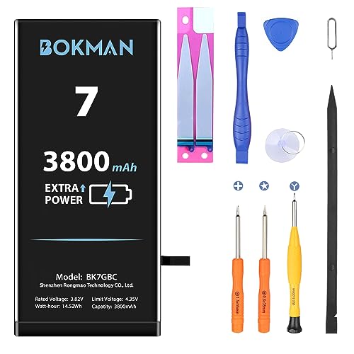 bokman Ersatz-Akku für iPhone 7, hohe Kapazität, Li-Ion-Polymer-Akku, 3800 mAh, mit allen Werkzeug-Sets und Klebestreifen von bokman