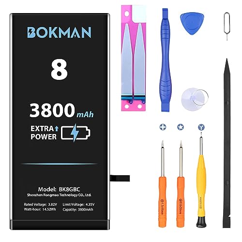 bokman Ersatz-Akku für iPhone 8, hohe Kapazität, Li-Ion-Polymer-Akku, 3800 mAh, mit allen Werkzeug-Sets und Klebestreifen von bokman