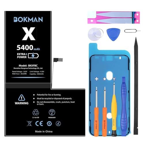 bokman Ersatzakku für iPhone X, Li-Ion-Polymer-Akku, hohe Kapazität, 5400 mAh, mit allen Werkzeug-Sets und Klebestreifen von bokman