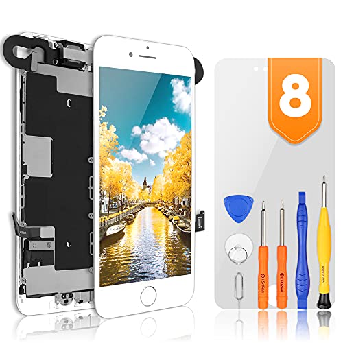 bokman für iPhone 8 Weiß komplettes Display Ersatzbildschirm LCD-Glas-Touchscreen vormontiert mit Home-Taste, Frontkamera und Hörmuschel(Silberner-Rand Knopf) von bokman