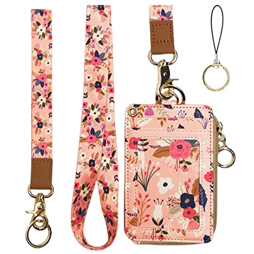 Schlüsselband mit Brieftasche, Reißverschluss-Ausweishülle mit Schlüsselband, Ausweishalter, Schlüsselband, Brieftasche für Frauen, Brieftasche, Ausweishülle mit Schlüsselband (rosa Blumen) von bolimoss