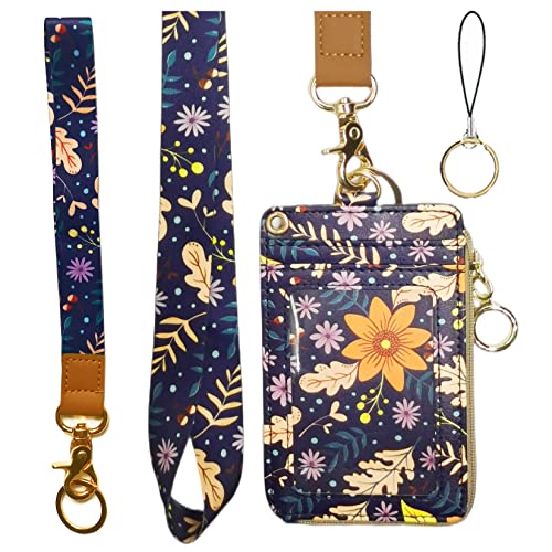 Schlüsselband mit Brieftasche, Reißverschluss-Ausweishülle mit Schlüsselband, Ausweishalter Schlüsselband Brieftasche für Frauen, Ausweishülle mit Schlüsselband (Herbst-Sonnenblume) von bolimoss