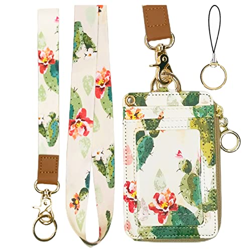Schlüsselband mit Brieftasche, Reißverschluss-Ausweishülle mit Schlüsselband, Ausweishalter Schlüsselband Brieftasche für Frauen, modische Schlüsselband Brieftasche (Kaktus） von bolimoss