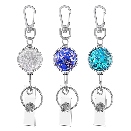 bolimoss 3 Pack Retractable Badge Reels with Key Ring and Carabiner Belt Clip, Glittery Metal Retractable Keychain for ID Cards Name Holder Nurse, Teacher, Students (Bling Blue, Silver, Purple) von bolimoss