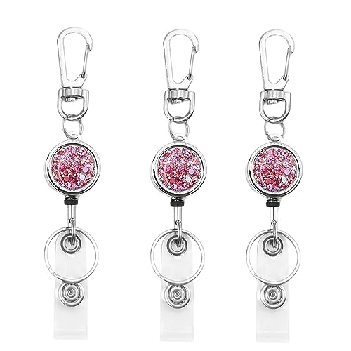 bolimoss Glittery Badge Holder Reel Retractable for Women Girls, Metal Badge Holder with Belt Clip Key Ring and Reinforced Steel Cord for ID Card Keychain (3 Pack Pink) von bolimoss