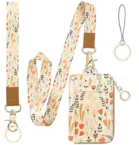 bolimoss Umhängeband mit Blumenmuster für Ausweis, Brieftasche, Schlüsselband mit Reißverschlusstasche, niedlicher Damen-Ausweishalter mit abnehmbarem Hals-Handgelenk-Schlüsselband,, KT055-4 von bolimoss