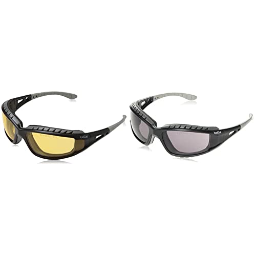 Bolle Tracker 2 / II Schutzbrille - Gelbe Linse, Halteleine & Aufbewahrungstasche & Bolle TRACPSF Schutzbrille mit Nylonband, kratzfest und beschlagfrei, schwarz/rauchfarben von bollé