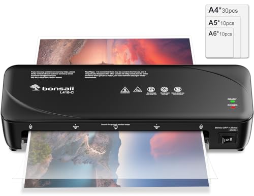 Bonsaii A4 Laminiergerät Set – Inklusive 50 Laminierfolien, mit Anti-Klemm-Technologie, 2 Temperaturstufen, Hochgeschwindigkeitslaminierung, max. A4 Breite, Schwarz, L418-C von bonsaii