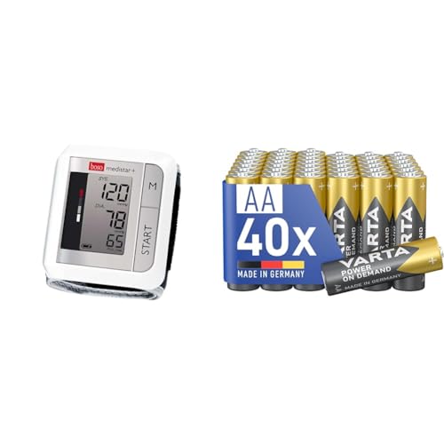 boso medistar+ – Handgelenk Blutdruckmessgerät mit Speicher für 90 Messungen & VARTA Batterien AA, 40 Stück, Power on Demand, Alkaline, 1,5V von boso