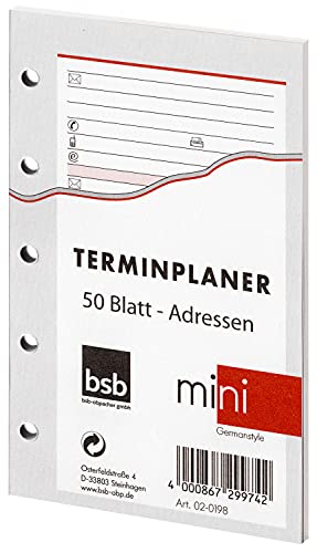 BSB Ersatzeinlage Adressen und Kontakte, ca. A8, 5-Fach Lochung, Mini Terminplaner Organizer, 02-0198 von bsb