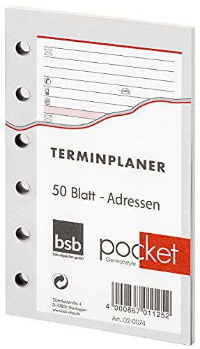 BSB Ersatzeinlage Adressen und Kontakte - ca A7-6-Fach Lochung - 50 Blatt - für Pocket Terminplaner Organizer - 02-0074 von bsb