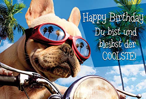 BSB Geburtstagskarte zum Geburtstag - Premium Line - Mops auf Motorrad - Umschlag weiß 510876-2 von bsb