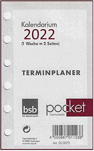 BSB Kalendarium Kalendereinlage Terminplaner Pocket, 2022, ca. A7, 1 Woche = 2 Seiten, 02-0072 von bsb