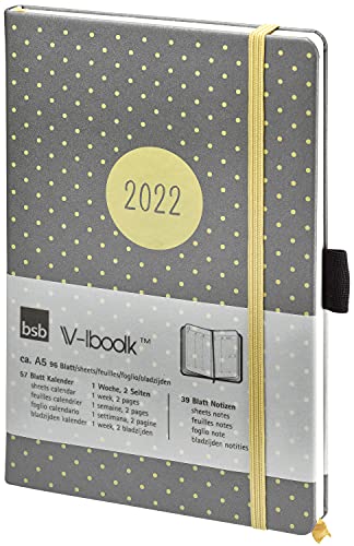 BSB V-Book Buchkalender, A5, 2022, 1 Woche = 2 Seiten, Anthrazit mit goldenen Punkten, Terminkalender, Wochenplaner, Taschenkalender, 02-0200 von bsb