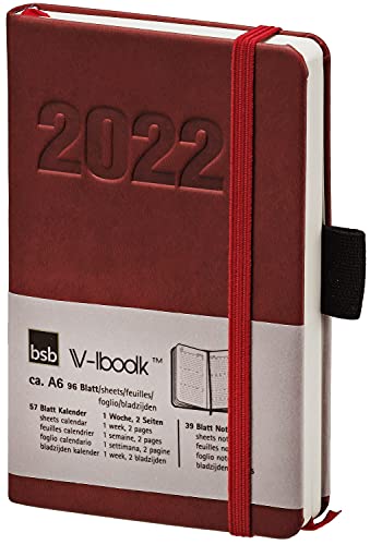 Terminkalender Wochenplaner Taschenkalender Buchkalender, 2022, ca. A6, rot, weiches Kunstleder, mit Gummiband, 1 Woche = 2 Seiten, bsb V-Book 02-0131 von bsb