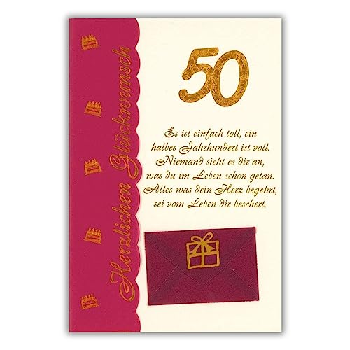 bsb 50. Geburtstagskarte Frau & Mann - Karte Geburtstag in 11,5 x 17,0 cm - Glückwunschkarte Geburtstag mit Spruch-Motiv - 50. Geburtstag-Karte mit Umschlag - Geburtstagskarten von bsb