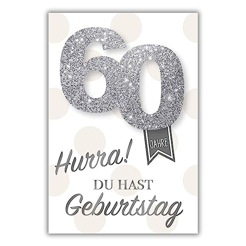 bsb 60. Geburtstagskarte Frau & Mann - Karte Geburtstag in 11,5 x 17,0 cm - Glückwunschkarte Geburtstag mit Glitterzahl-Motiv - 60. Geburtstag-Karte mit Umschlag - Geburtstagskarten von bsb