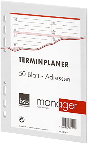 bsb Ersatzeinlage Adressen und Kontakte - 6-fach Lochung - Größe: circa A5 - für bsb Manager Terminplaner Organizer - 02-0052 von bsb