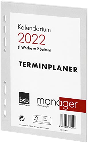 bsb Ersatzeinlage Kalendarium 2022 - Größe: circa A5 - 1 Woche = 2 Seiten - 6-Fach Lochung - für bsb Manager Terminplaner Organizer von bsb