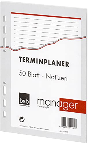 bsb Ersatzeinlage Notizen - 6-fach Lochung - Größe: circa A5 - für bsb Manager Terminplaner Organizer - 02-0050 von bsb