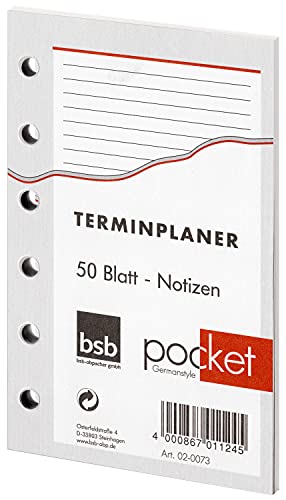 bsb Ersatzeinlage Notizen - Größe: circa A7-6-Fach Lochung - für bsb Pocket Terminplaner OrganiBSBzer, 020073 von bsb