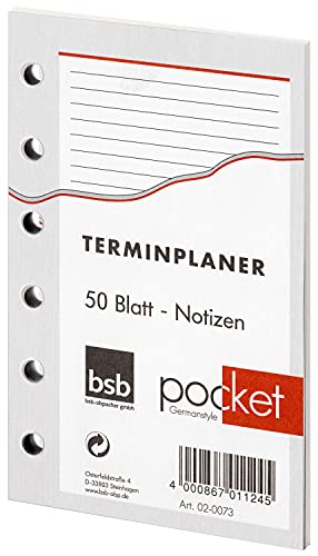 bsb Ersatzeinlage Notizen - 6-fach Lochung - Größe: circa A7 - für bsb Pocket Terminplaner Organizer, 02-0073 von bsb