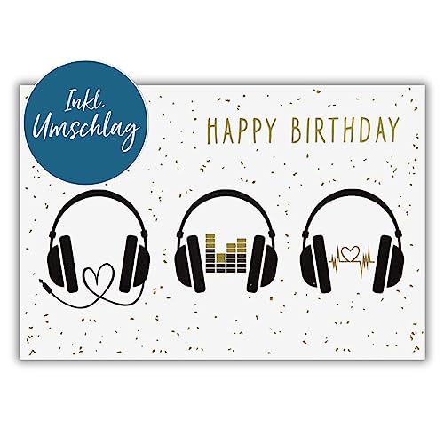 bsb - Herzlichen Glückwunsch Karte zum Geburtstag 11,5 x 17,0 cm - hochwertige Geburtstagskarte mit Umschlag - schöne Geburtstagskarten für Frauen & Männer - Happy Birthday Karte mit Kopfhörer von bsb