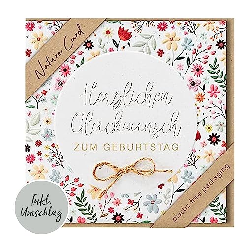 bsb - Karte zum Geburtstag - Nature Card - Nachhaltige Karten zum Geburtstag - Geburtstagskarten mit Umschlag - Geburtstagskarte Frauen & Männer - Glückwunschkarte 15,5 x 15,5 cm - Blumen Muster von bsb